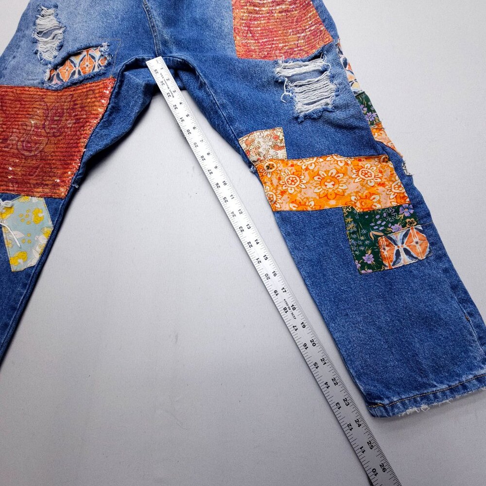 Free People High Rise Patchwork Jeans - Blue and Multicolor - Picture 8 of 14